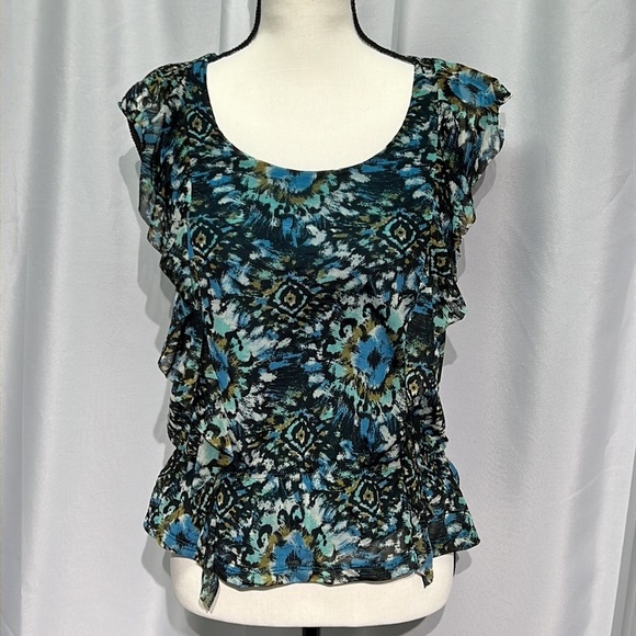 Apt. 9 Blue, Green, Black and Olive Print Ruffle Peplum Blouse - PXS - Picture 2 of 11